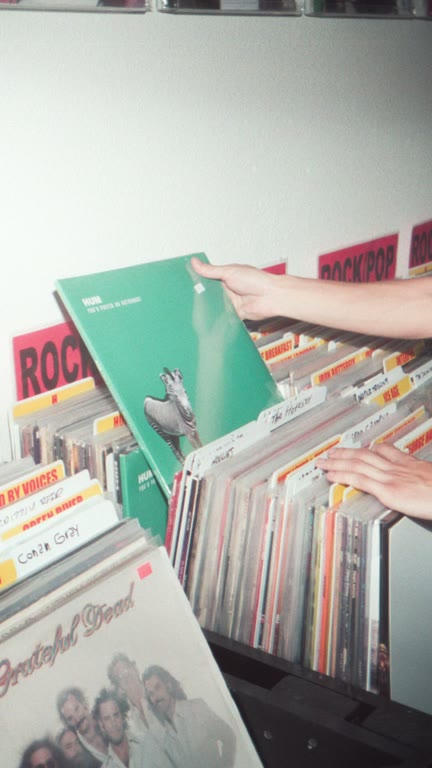 Hands browsing vinyl records in the rock and pop section.