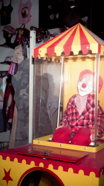 A colorful clown machine among clothing and shop displays.